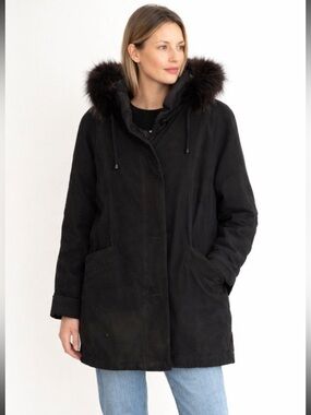 Vintage Black Parka Coat with Real Fox Fur Trim Hood Winter Warm Jacket SZ M